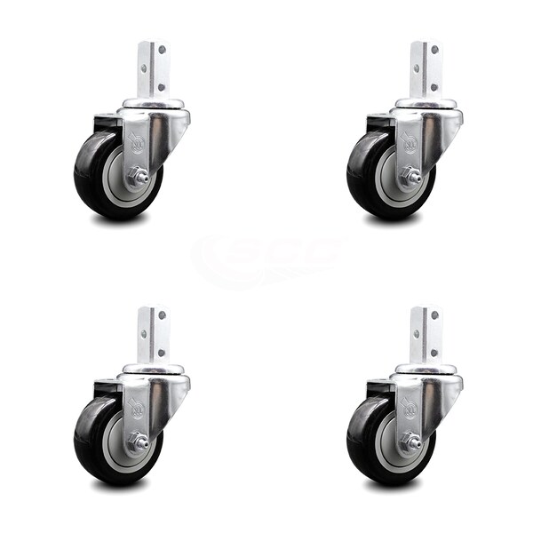 3.5 Inch Black Polyurethane Wheel Swivel 3/4 Inch Square Stem Caster Set SCC